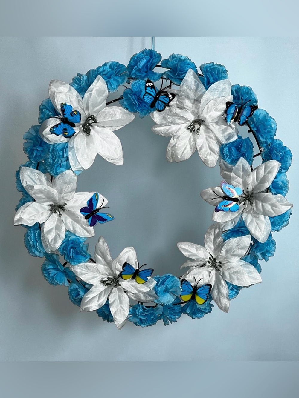 Blue & White Holiday Wreath with Butterfly Accents Hand Crafted - Picture 3 of 16